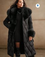 Дълго дамско зимно яке с ефектен колан и пухена яка SIANA - Image 3