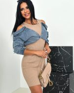 Рокля ELEONORA плетиво в комбинация с деним в бежово - Image 3