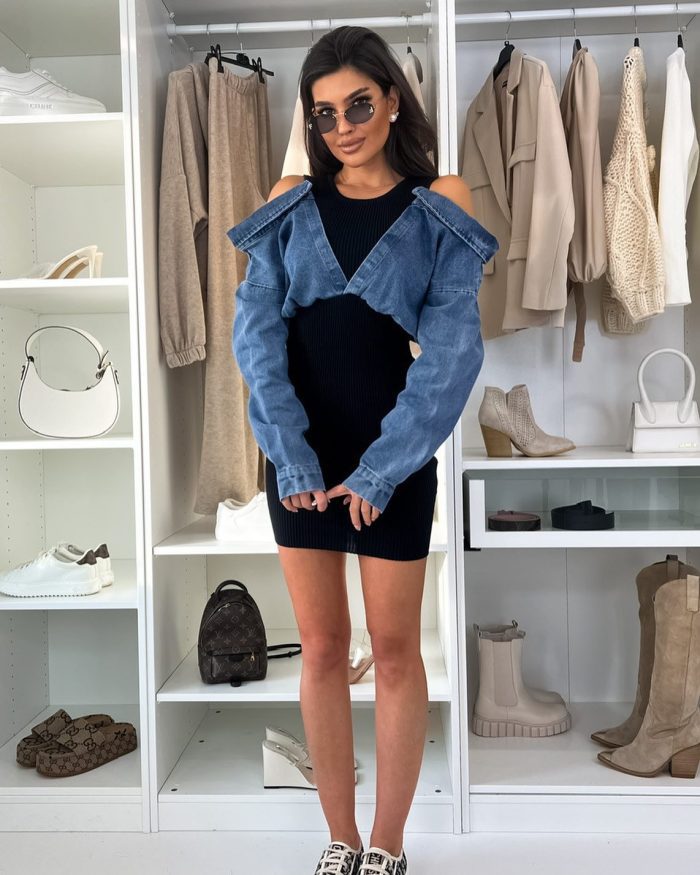 Рокля ELEONORA плетиво в комбинация с деним в черно - Image 3