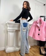 Дамски дънки RAMONA с ефектни кръпки и свободен крачол - Image 5