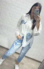 Дамска риза LOVE в бяло с дънков ефект