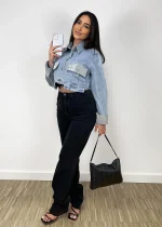 Дънково яке KARINA с ефектни ръкави и джобове с камъни в светлосиньо - Image 3