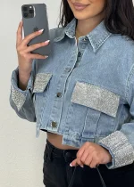Дънково яке KARINA с ефектни ръкави и джобове с камъни в светлосиньо - Image 2