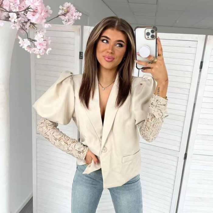 Ефектно сако с дантелени ръкави TAMARA в бежово - Image 2