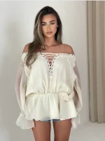 Рокля DESSI с ефектни връзки и розички в бежово - Image 5