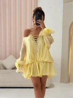 Рокля DESSI с ефектни връзки и розички в жълто - Image 2