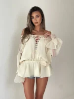 Рокля DESSI с ефектни връзки и розички в бежово - Image 6