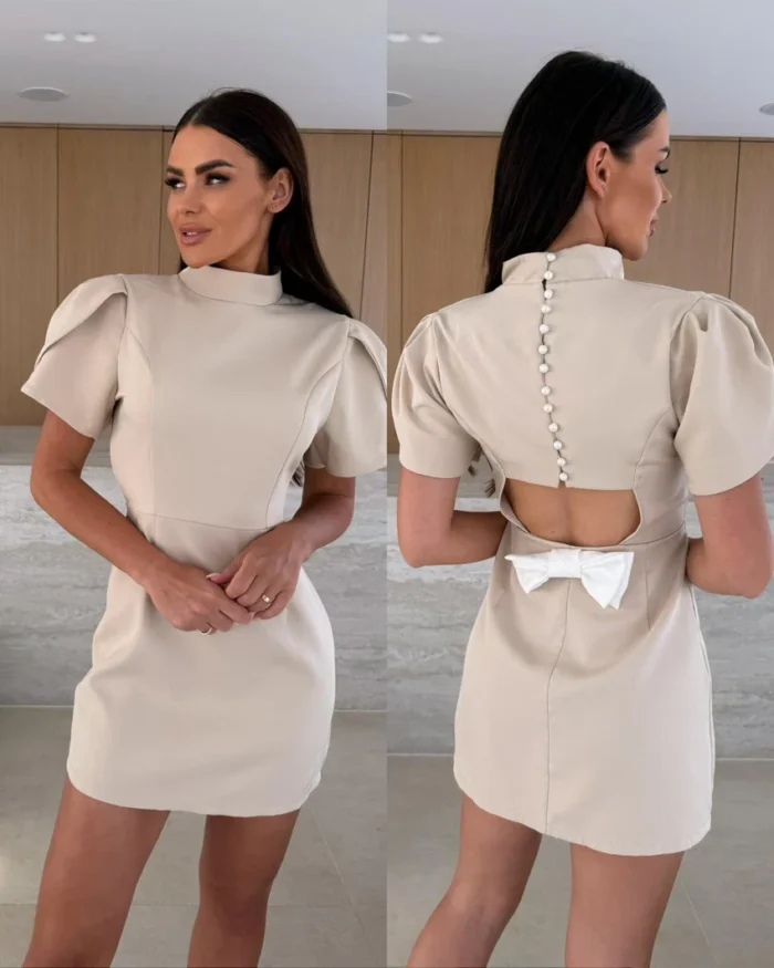Рокля MARIA с ефектна панделка на гърба в бежово - Image 1